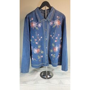 New Identity Denim Jacket XL Embroidered Floral Button Front 100% Cotton Boho